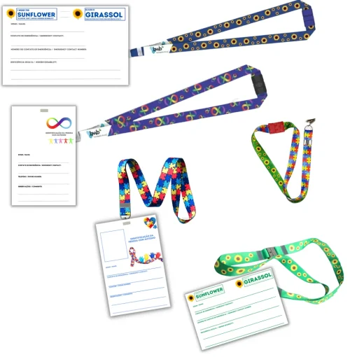 Imagem do kit com crachá e cordão girassol, crachá e cordão girassol azul, crachá e cordão autismo quebra-cabeça, crachá e cordão infinito e cordão misto quebra-cabeça e girassol