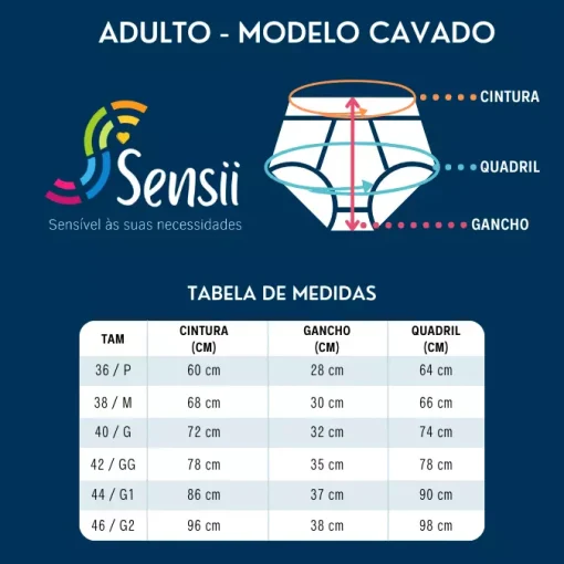 Tabela de medidas modelo cavado da Roupa Íntima Unissex Adulto