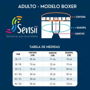 Tabela de medidas modelo boxer da Roupa Íntima Unissex Adulto