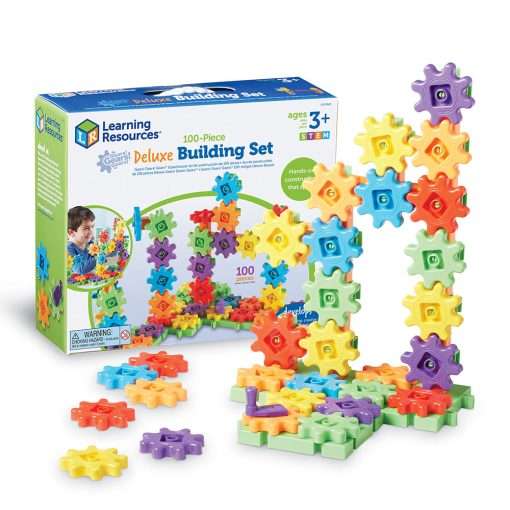 Conjunto de Engrenagens Deluxe - 100 peças - Embalagem do brinquedo Gears! Gears! Gears! 100-Piece Deluxe Building Set da Learning Resources com um exemplo de encaixe das engrenagens